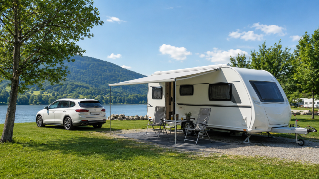 Wohnwagen mit Zugfahrzeug auf einem sonnigen Campingplatz am See