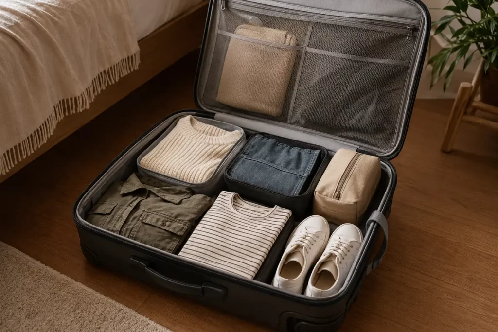 Geöffneter Reisekoffer mit Kleidung und Reiseutensilien