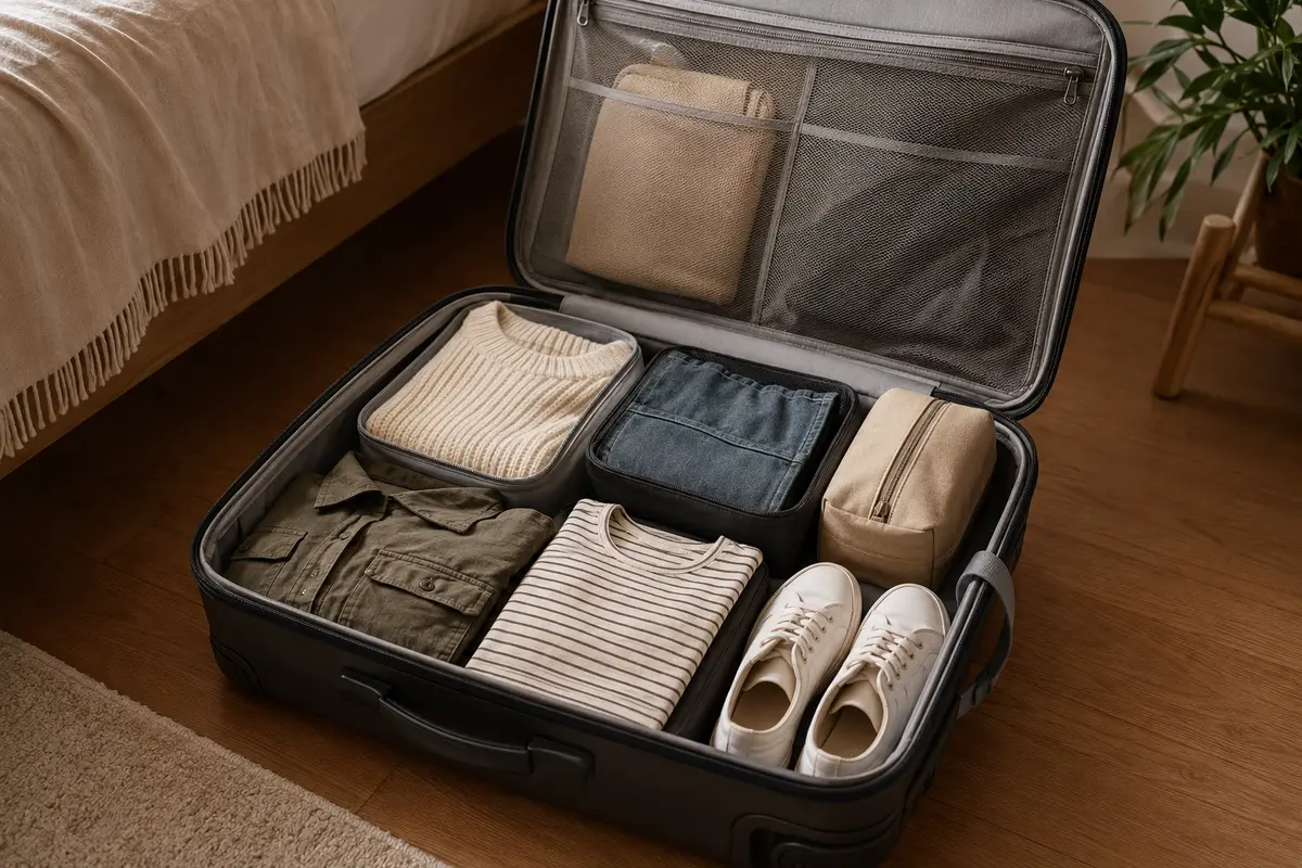 Geöffneter Reisekoffer mit Kleidung und Reiseutensilien