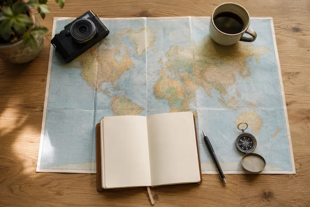 Reiseplanung mit Karte, Reisepass und Notizbuch