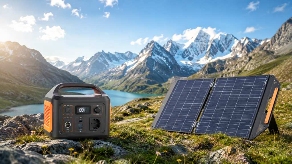 Tragbare Powerstation mit aufgestelltem Solarpanel auf einer alpinen Bergwiese vor einem türkisblauen Bergsee und schneebedeckten Gipfeln unter klarem Himmel – nachhaltige Stromversorgung für Camping und Outdoor-Abenteuer.
