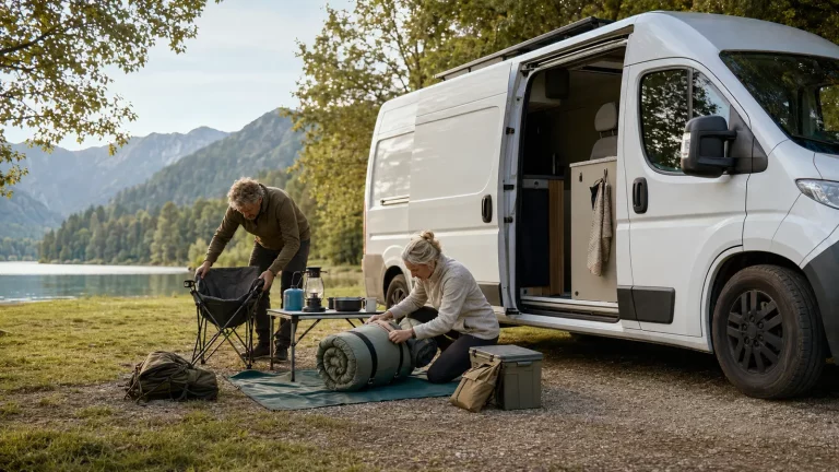 Paar bereitet seine Camping-Ausrüstung neben einem Camper am See vor