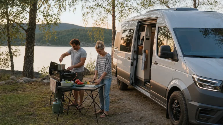Paar kocht in einer kompakten Campingküche neben einem Camper am See