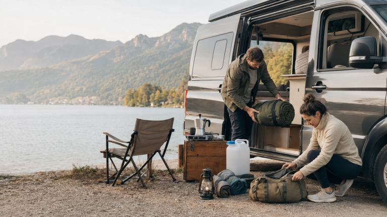 Camping-Packliste mit Ausrüstung vor einem Wohnmobil