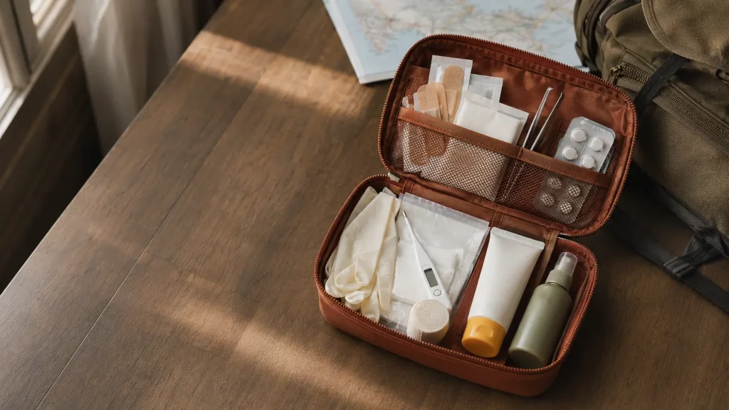 Geöffnete Reiseapotheke mit Verbandsmaterial, Thermometer und Sonnenschutz neben einem Rucksack