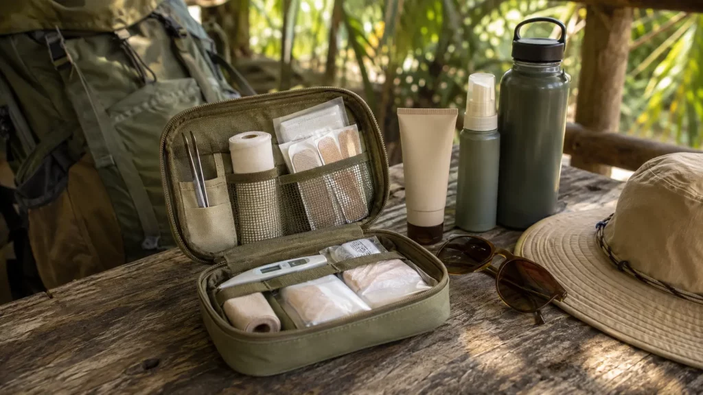 Kompakte Reiseapotheke mit Verbandmaterial, Sonnen- und Insektenschutz für eine Fern- und Outdoorreise